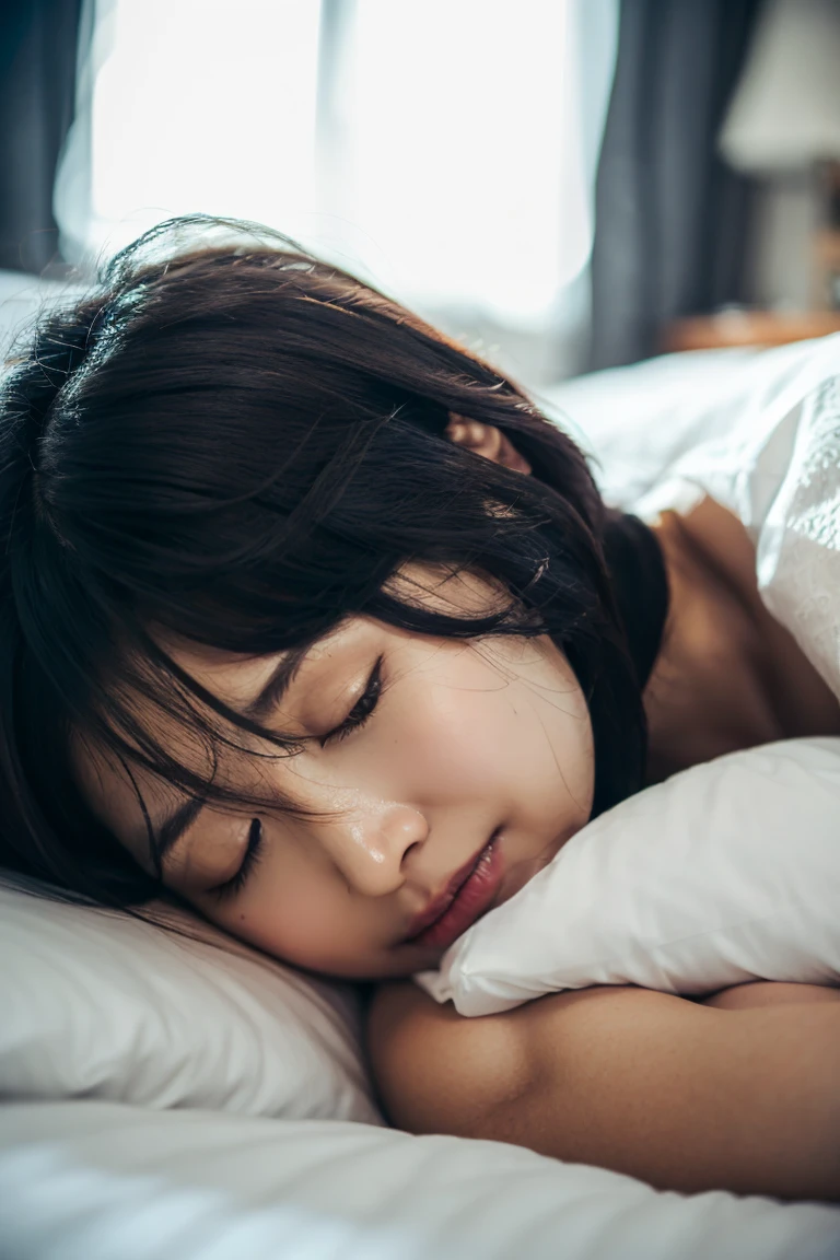 1girl, cute, sleeping, eyes closed, (freckles:0.2), lying on bed, head on pillow, bedroom, detailed background, indoor, hires, (photorealistic:1.4), (in the dark, deep shadow,low key:1.1), diffused natural skin glow, diffused dark light, wide shot