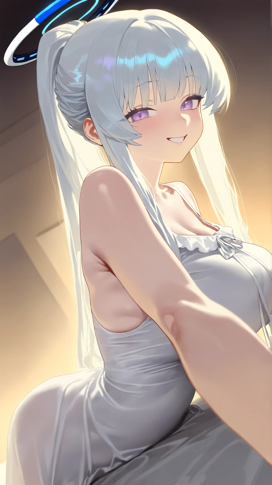 1girl,noa \(pajamas\),purple eyes,halo,white hair,white dress,ponytail,
year_2023,foreshortening,highres,high definition,absurdres,amazing quality,best quality,masterpiece,very aesthetic,masterpiece,simple background,
indoors,cowboy_shot,see-through clothes,looking at viewer,close-up,macro_shot,seductive_smile,naughty_face,,(),love hotel,dark,lambent light,sitting on bed,cinematic_angle,from_side,