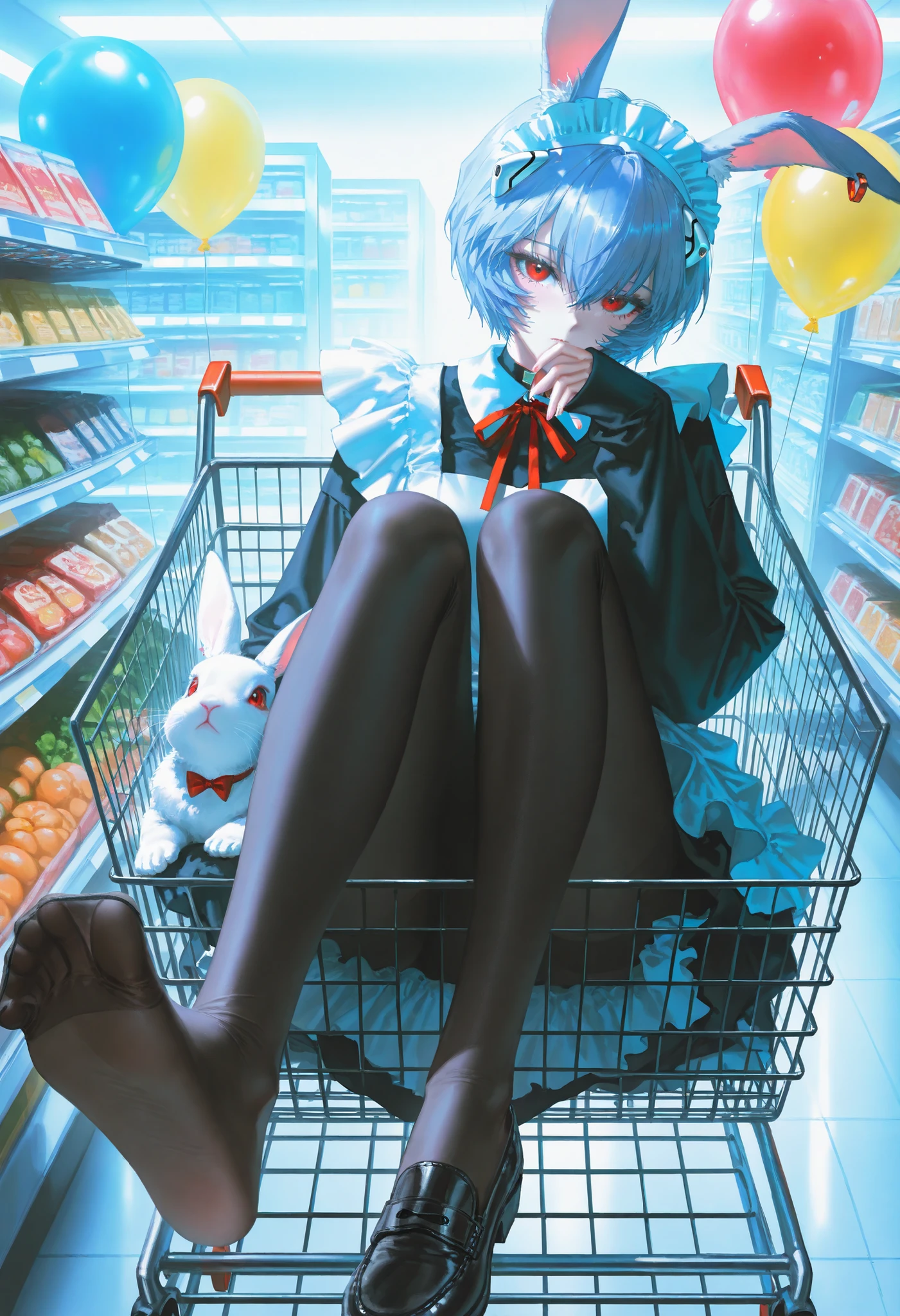 masterpiece,best quality,artist:john_kafka,artist:nixeu,artist:quasarcake,chromatic aberration,film grain,high contrast,color contrast,cold colors,gritty,graphite \\\\(medium\\\\),
1girl, Ayanami Rei from eva,solo, looking at viewer, bangs, long sleeves, holding, animal ears, sitting, heart, rabbit ears, sleeves past wrists, maid headdress, rabbit, balloon,one shoe, toe hooking one shoe,foot focus,full body, earrings, black pantyhose,Sitting in the shopping cart,Supermarket, shopping rack,