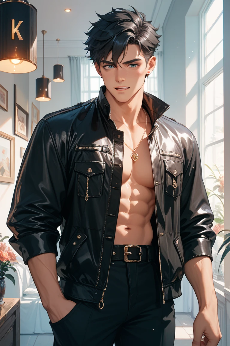 (Obra maestra), (La mejor calidad), (Ultra detallado), boy, pose sexy, looking at viewer, portrait, with background