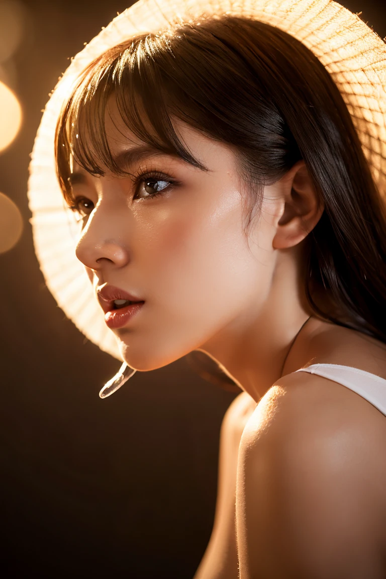 ((((highest quality))))、(((Ultra-precision CG16K wallpaper)))、(((masterpiece)))、(((Super detailed)))、(((super extreme details)))、1people's women、mature woman、24 year old woman、((Japanese face))、((very beautiful face))、((Beauty:1.5))、((straight semi-long hair:1.3、blunt bangs))、(shiny brown hair)、beautiful delicate eyes、brown eyes、raised eyebrows、high nose、small nostrils、small mouth、seductive lips、beautiful breasts、((C cup size breasts))、cleavage、plump body、(Chubby body type)、perfect proportions、perfect anatomy、perfect composition、beautiful detailed shading、beautiful natural lighting、beautiful detail glow、Depth of the bounds written、(((High chroma)))、(((real:1.9)))、((vivid:1.5))、((edge:1.6))、((beautiful skin))、((skin texture))、((Realistic skin feel))、(((close up shot:1.5)))、((Angle seen from the front:1.6))、((Surprised face with open mouth:1.4))、(Eyes looking up at me:1.5)、Daytime coffee shop、bright sunshine、Natural light、(((blush、sexly、pleasure、trance:1.6)))、(kissing pose:1.5)、(((ivory color lingerie clothes:1.6)))、((earrings、wearing necklace:1.3))、