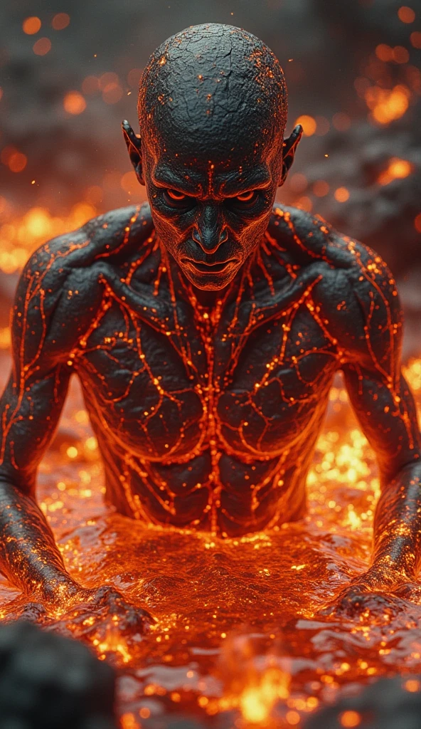 very dark cinematic extreme closeup photo of a man made of glowing flowing dark violet lava in a lava world, coming up out of hot lava, sparkles, intricate