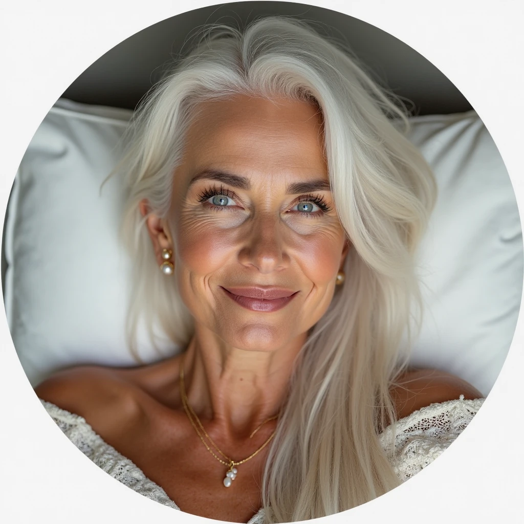 photo of a 50 year old woman, blonde, White hair, not a perfect face, masterpiece, underwear, no bra, Naked , no panties, chest size 4 , The are big, right hand caresses the vagina