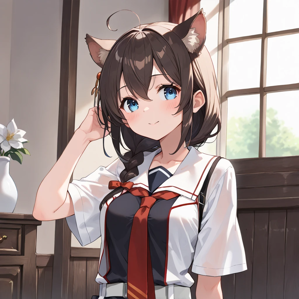 by himitsu \(hi mi tsu 2\), 1girl, solo, hatsuzuki (kancolle), bodysuit, mouth hold, tail, breasts, anchor symbol, blush, brown hair, cat tail, hair flaps, black bodysuit, looking at viewer, hairband, ribbon, skirt, short hair, corset, yellow eyes, arms up, pleated skirt, hair between eyes, ribbon in mouth, headband, kemonomimi mode, gradient background, bangs, tying hair, gradient, small breasts, upper body, school uniform, white ribbon, black skirt, gloves