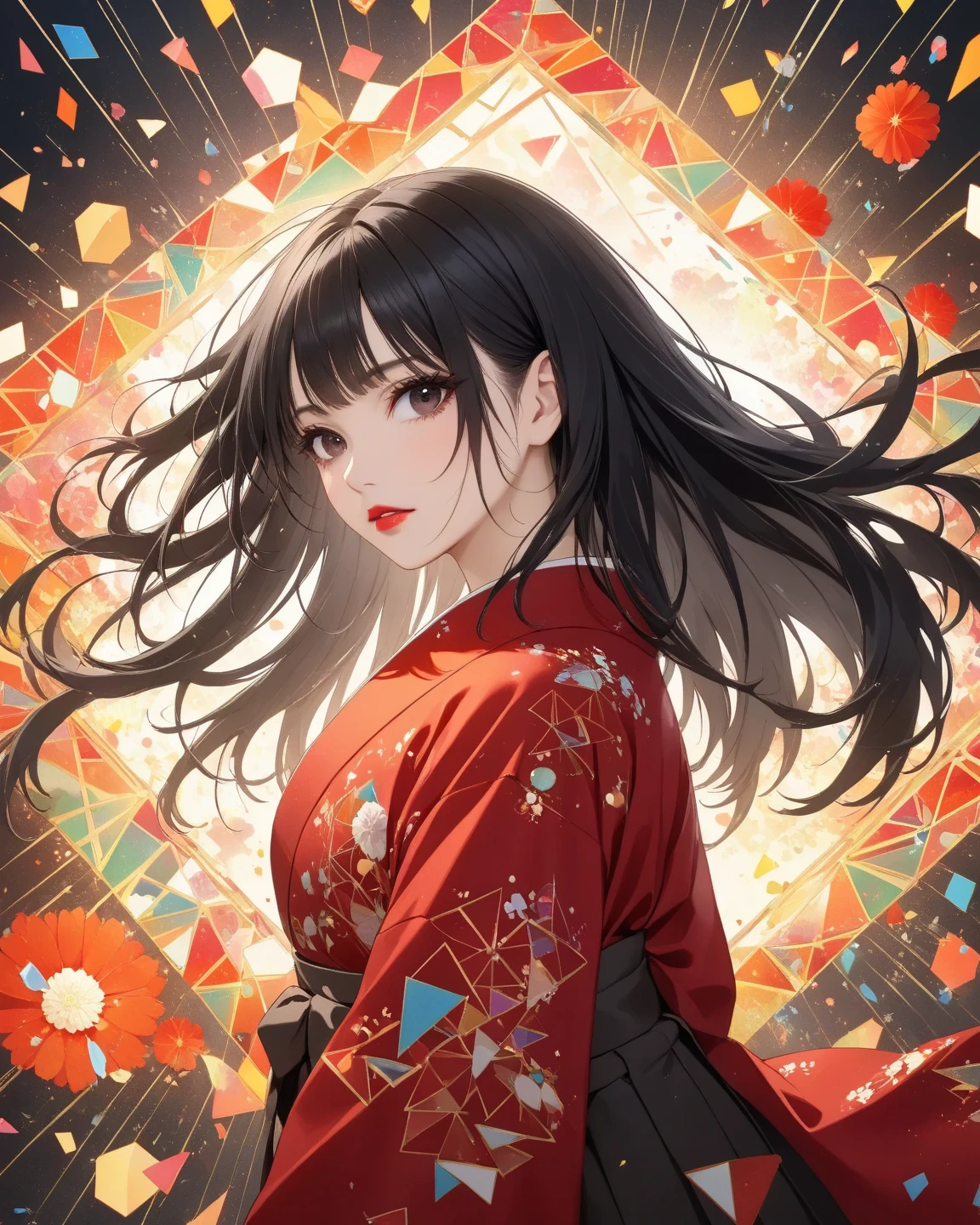 woman in hakama、solo、dark eyes、long black hair、 red lips、explosions of geometric shapes。Dynamic vibrancy、Intricate shards of glass become patterns and create an abstract atmosphere、The splinters are mixed with orange、Kaleidoscopic lights and shadows、dark brown filter。of the best quality、high image quality、masterpiece:1.4、high definition、absurd、