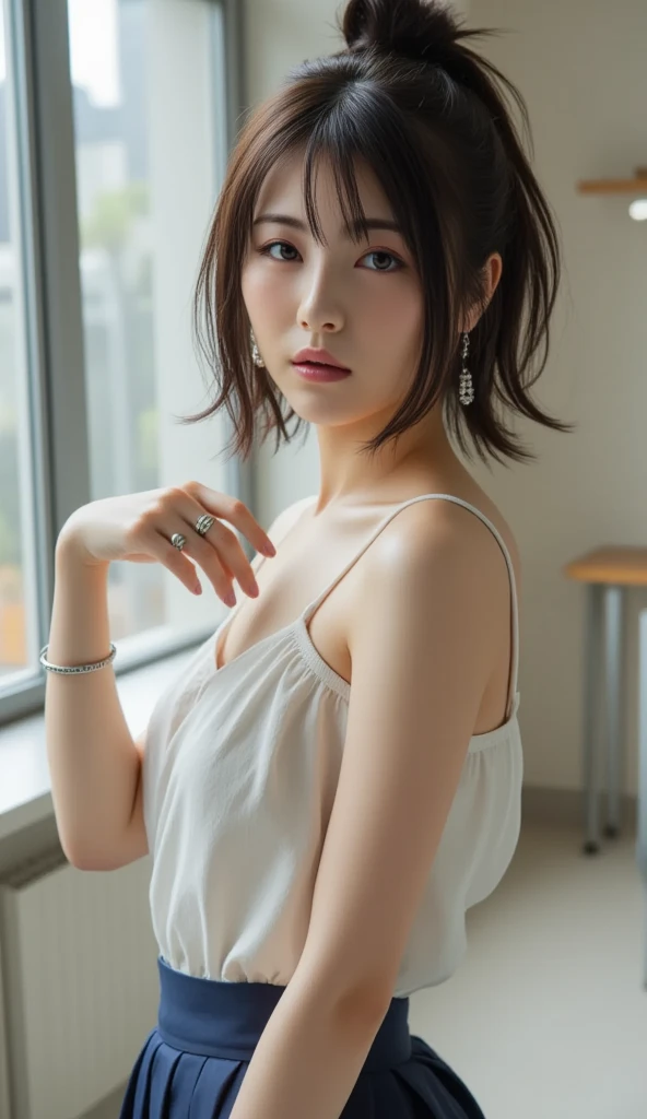 Blue lace thong&good, (((とてもエレガントでbeautiful, Perfect detail, Very detailed))), whole body, The most detailed girl, Written boundary depth, 美しくdetailedなwhole body, Thin legs, 1 Girl, 30 years old, Very short hair, Spiked Hair, Gray and silver hair, beautiful detailed hair, Perfect Face, Expressionless, beautiful, detailed, Deep Eyes, Open your mouth a little, Delicate arms and hands, Pale skin, Earrings, beautiful and gorgeous necklace, Colorful background, HD background, Blurred Background, とても繊細でbeautiful, masterpiece, (((Highest quality, とてもbeautiful8K CG壁紙))), (((Trendy hairstyles))), (Inside the room,Stylish interior,window),