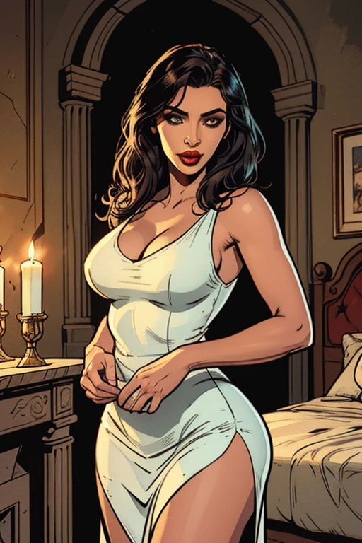 sexy woman, long curly black hair, white elegant dress. Busty. Big hip. Voluptuos. Comic style. Graphic novel style