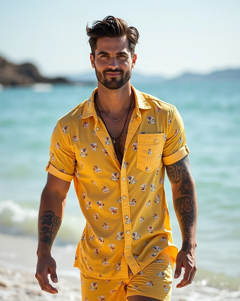 front view, full body view, handsome man, muscular physique, 30 year, normal wavy quaff hairstyle black hair with brown shades, with trimmed sides, small nose, brown eyes, short trimmed beard, athletic body, A man, light-skinned and appearing to be in his 30s, is centered in the image. He is wearing a short-sleeved button-down yellow printed shirt and matching swim shorts, beach side background. The shirt has a classic collared style, and the shorts have an elastic waistband. He has a muscular build and visible abdominal definition. His arms are visible, showcasing tattoos. A necklace is visible around his neck. His facial expression is neutral smiling, his is walking out of water and he's looking directly at the camera. The man's posture is relaxed, and he appears to be standing outdoors. The background is a slightly out-of-focus view of water and a distant shoreline. The lighting is bright, suggesting outdoor sunlight. The colors are predominantly white, gold, and shades of blue in the background. The overall style is casual and summery, resembling swimwear fashion or beach attire. The composition is straightforward, with the man filling the majority of the frame. The perspective is from a slightly elevated viewpoint, focusing on the subject's upper body and torso
