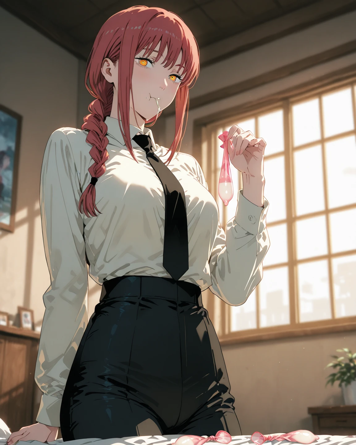 1 Menina da Anime Linda De cabelo Rosa Longo, It's red eyes., com pernas abertas, is With School Skirt, mostrando Roupas Intimas, it's Japanese high school clothing, com estrela nos olhos, imagem Estilo Novel de anime, Roupas Intimas Brancas, com calsinha branca, colegial senda em uma mesa de pernas abertas, mostrando Roupas Intimas, his face is flushed, com vergonha, wearing pantyhose, ((imagem Estilo Novel de anime)), ((corpo inteiro)), ((With Underwear there is Sample))