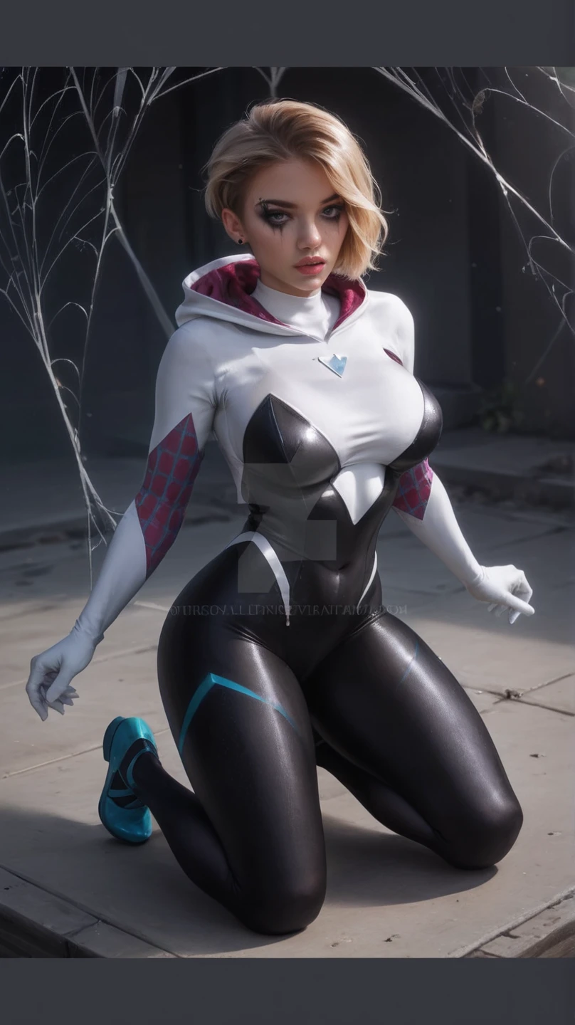 18yo Girl,White Spider-Man suit,short and wavy hair,blondehair,beautifulface,lluvia,teto,The Masterpiece,exquisite detailing,Perfect anatomy,best qulity,ultra-highresolution,4k, Full body Shot