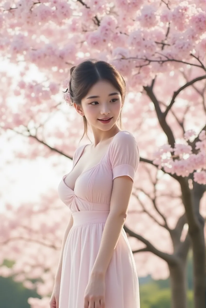 best qualtiy,tmasterpiece,ultra high resolution,(Realism:1.4),RAW photogr,1girll,short whitr hair,Face Highlighting,Pure,Girly,Flushing,18yr old,18-year-old smiling female classmate,Pure,Innocent,(best qualtiy,8K,tmasterpiece:1.3),Goose egg face,largeeyes,long eyelasher,Exquisite(live-action realistic style),(photo full body), full body shot, Star-like eyes,Ultimate face,Photorealistic light and shadow,Clear facial featureilky white skin,Fair skin, highdetailskin, Realistic skin details, Visible Pore,(Super detail),(perfect bodies:1.1),long whitr hair,(dynamicposes),((Dynamic background((volumettic light:1.3)),Bigchest,deep v big breasts,Long red floral dress,liberta,Dashing,Stand under the cherry blossom trees,long leges,Shunguang