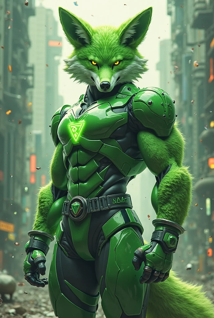 solo,anthro,furry,furry male, White Fox ((fluffy fur,fluffy,furry body)),Full Body,Muscular, Bara, Very Tall Athletic, Green eyes,((bright green eyes)), Green tail tip, Green ear tips,Short Messy Hair, White hair,String Necklace, Green Pendant, Wrist guards, Ankle Guards, Nano Armor, Smirking Expression, Looking at viewer, standing pose, arms crossed, Wearing Black shirt, Black pants, Outdoors,Looming over, battleground scene, Detailed clothes,pants bulge, Detailed face, (masterpiece, high quality,hi-res,8k had), High Resolution, High Detail,