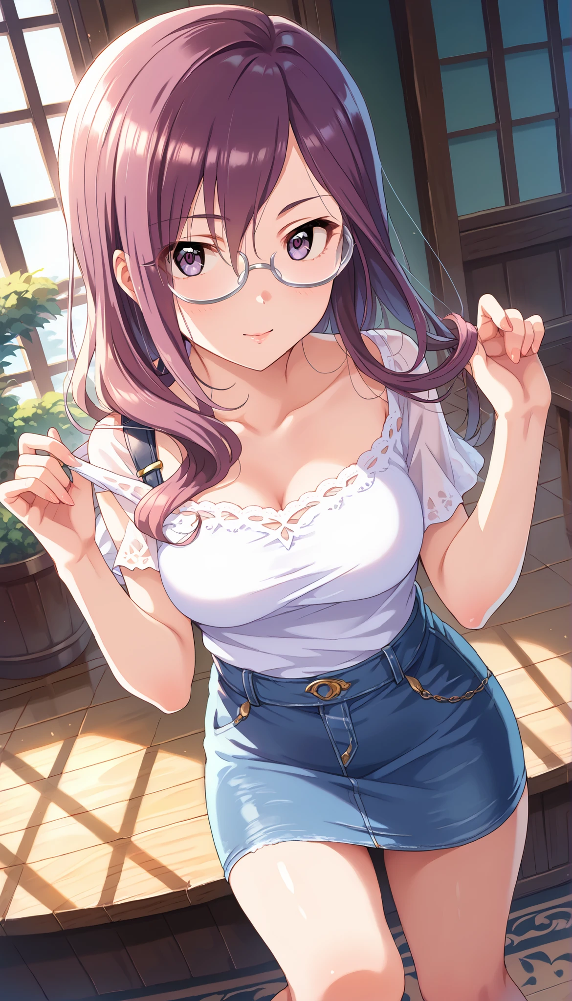 (((Yagami Makino))),light purple short sleeve blouse,denim below-the-knee skirt,Bare Chest,(((medium breasts))),(slightly long hair),((angle from above)),purple hair,Ulchan-6500-v1.1, ( RAW photos :1.2), beautiful detailed, very detailedな目,beautiful eyes, beautiful eyes,file size is large, high resolution, very detailed, of the best quality, [masterpiece:1.6], Awareness-raising, very detailed, CG, finely, of the best quality, 8K wallpaper, perfect body shape,very detailed,glasses
