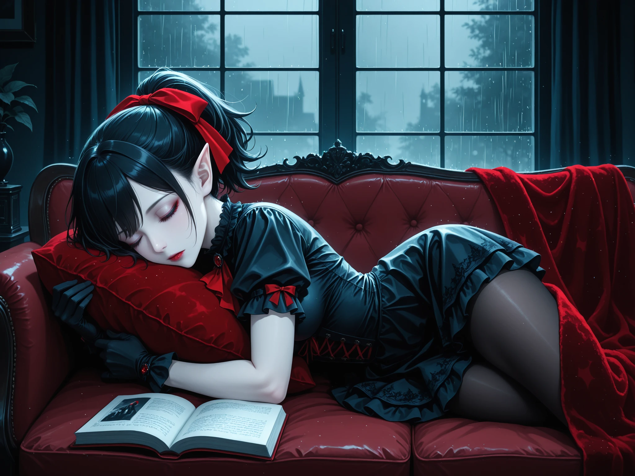 masterpiece, best quality, very aesthetic, solo, female focus, from side, 1girl, closed mouth, beautiful face, vampire, closed eyes, detailed eyes, black hair, short hair, ponytail, hair ribbon, red ribbon, (lolita fashion), black dress, short dress, short sleeve, black gloves, pantyhose, pointy ears, pale skin, lying, sleeping, bedroom, sleep on couch, (a book, candel), window, (heavy rain) outside the window, velvet pillow, velvet blanket, gothic theme, amazing background, high-res, absurdres