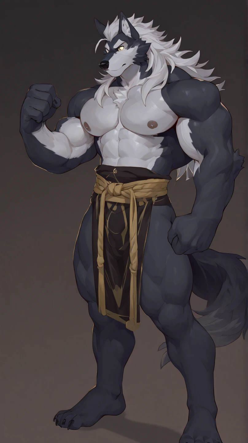 a giant jet black gigantically muscular anthro sergal laying on his back in medieval bedchamber, his gigantic hyper giant penis is erect in the air, huge exxagerated proportions, shiny velvet fur, his huge balls rest heavily on the bed,. he has huge round pecs, , massive arms, big thick thighs, broad shoulders. his giant arms are above his head. hes wearing a black harness with super thick straps, belly , legs wide, small head, huge black glossy nipples pierced, big long tail, lots of gold jewellrry, surrounded by gold trinkets, dynamic mischevious pose, side view, wide angle lens, 