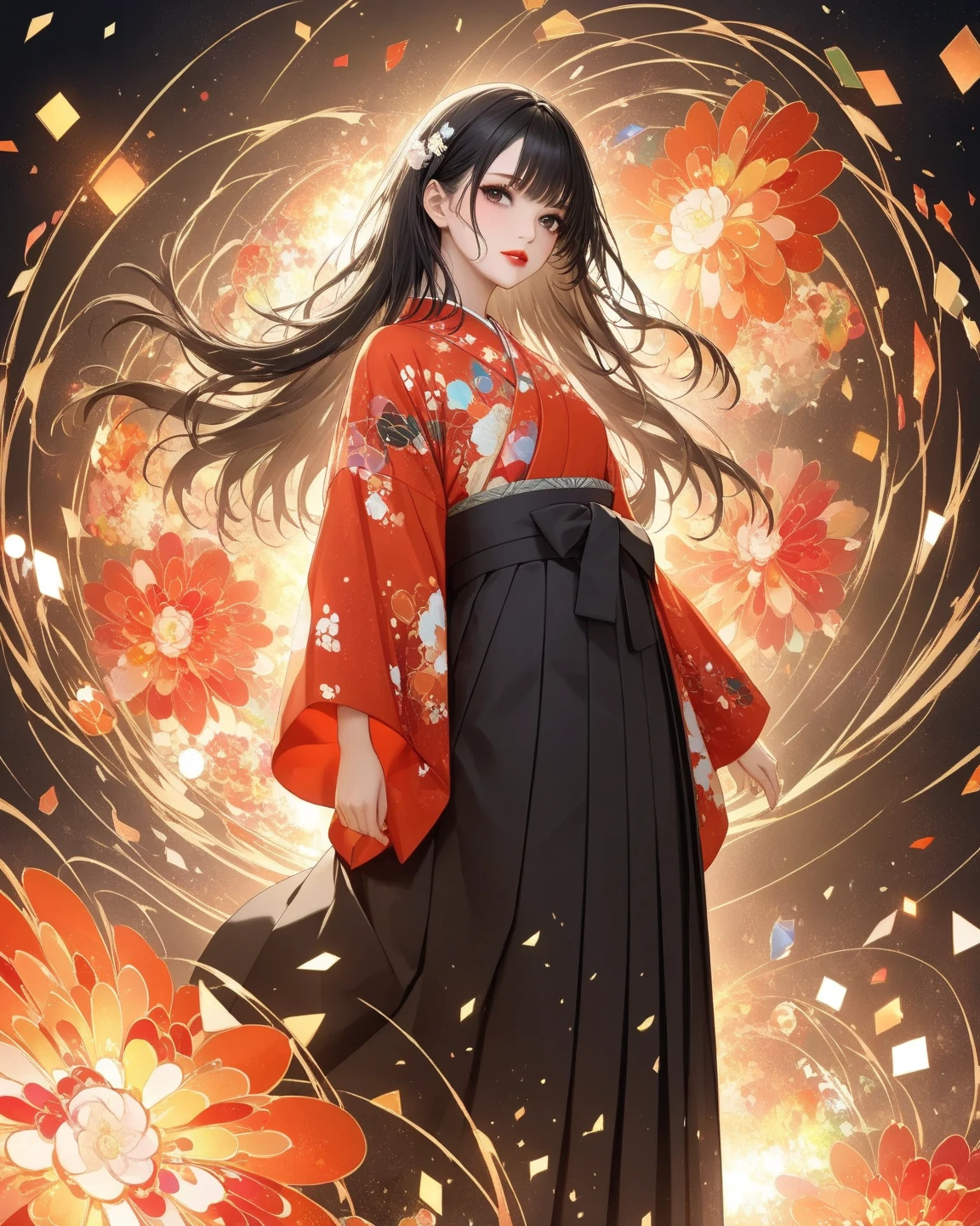 woman in hakama、solo、dark eyes、long black hair、 red lips、explosions of geometric shapes。Dynamic vibrancy、Intricate shards of glass become patterns and create an abstract atmosphere、The splinters are mixed with orange、Kaleidoscopic lights and shadows、dark brown filter。of the best quality、high image quality、masterpiece:1.4、high definition、absurd、