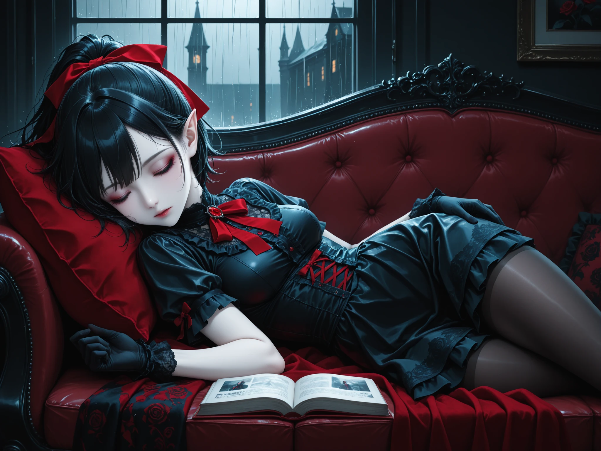 masterpiece, best quality, very aesthetic, solo, female focus, from side, 1girl, closed mouth, beautiful face, vampire, closed eyes, detailed eyes, black hair, short hair, ponytail, hair ribbon, red ribbon, (lolita fashion), black dress, short dress, short sleeve, black gloves, pantyhose, pointy ears, pale skin, lying, sleeping, bedroom, sleep on couch, (a book), window, (heavy rain) outside the window, velvet pillow, velvet blanket, gothic theme, amazing background, high-res, absurdres