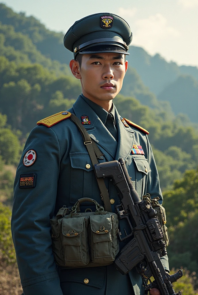 A military man,He wears the green military uniform of the Chinese liberation era,Wearing a military hat and hair is black Q version Q