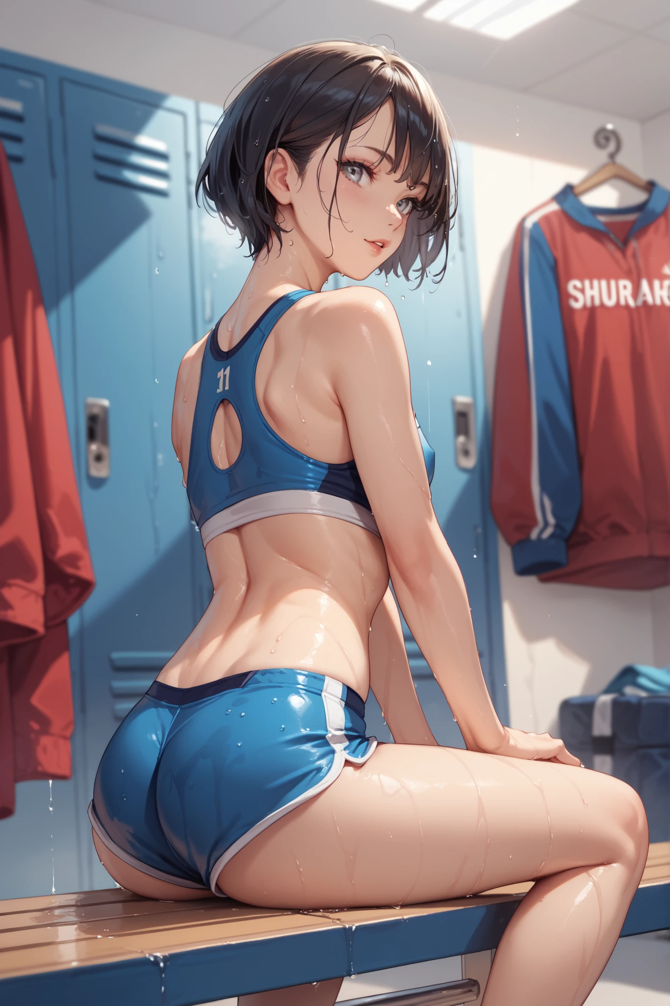 (masterpiece, Highest quality:1.2)、nsfw、Beauty、boyish、Red hair、School Swimsuit、Pixie Cut、orgasm、Sex、male、back、dorsal position、back、locker room