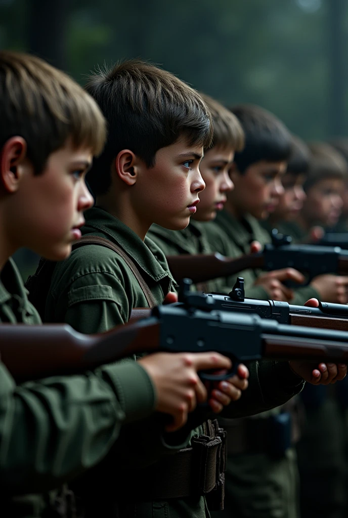 Two boys who look exactly the same，One has a gloomy complexion，Holding a gun to another boy's head
