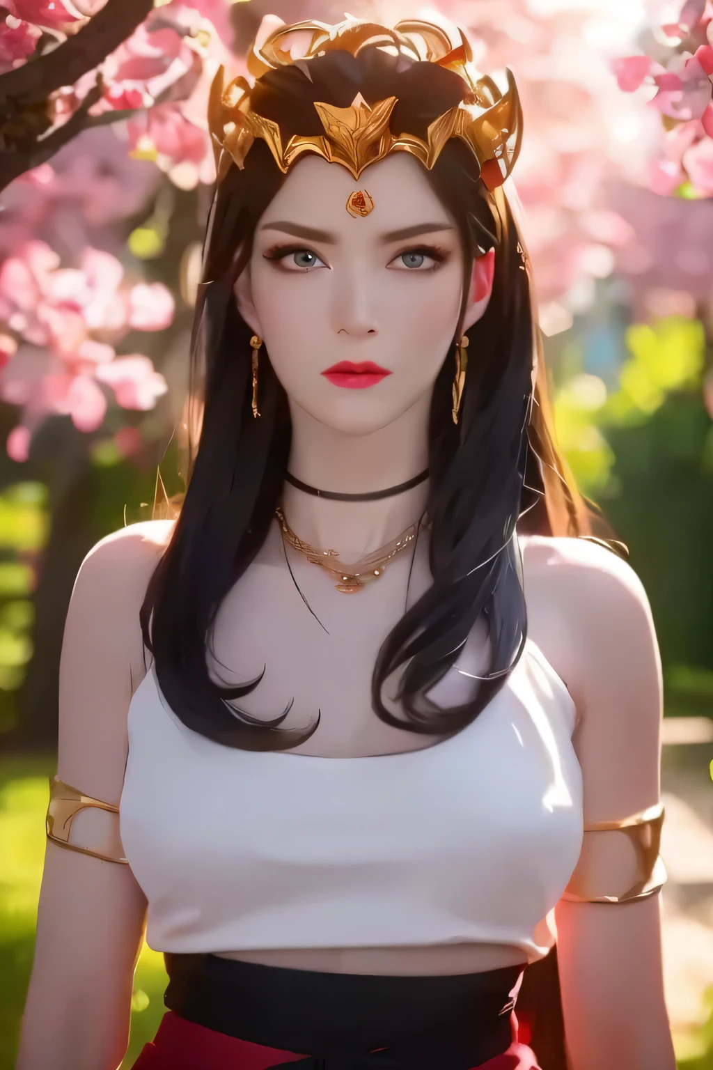 One 20 year old girl, breast 1.1, navel,upper body,bare shoulders,wears red tube top,red skirt, blue gems,shiny skin,hand in own hair,(mature female),milf, beautiful cai lin, deep blue eyes, jet black long hair, face symmetry 8k resolution high quality. background: around the garden surrounded by Sakura trees with fluttering sakura petals,
Image from head to thighs, hourglass figure, bare round shoulders, exposed midriff, a tilak on her forehead,ornamental logo on her forehead, snake crown, necklace, earings with blue gem, long black hair bangs, pointy ears,golden bracelet,Bright lightening under the sun through sakura canopy. High quality 16k resolution,( HDR :1.5), cinematic look, ultra-detailed,ultra lightening, (photorealistic :1.2), long thin straight eyelashes, dense black eyelashes,sharp eyes, diamond shaped head, straight nose, closed heart shaped lips, front view pose looking at viewer, sexy,