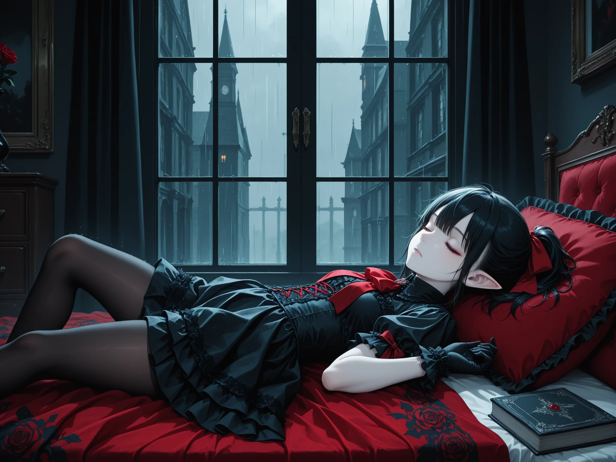 masterpiece, best quality, very aesthetic, solo, female focus, from side, 1girl, closed mouth, beautiful face, vampire, closed eyes, detailed eyes, black hair, short hair, ponytail, hair ribbon, red ribbon, (ta fashion), black dress, short dress, short sleeve, black gloves, pantyhose, pointy ears, pale skin, lying, sleeping, bedroom, (a book), window, rain outside the window, velvet pillow, velvet blanket, gothic theme, amazing background, high-res, absurdres