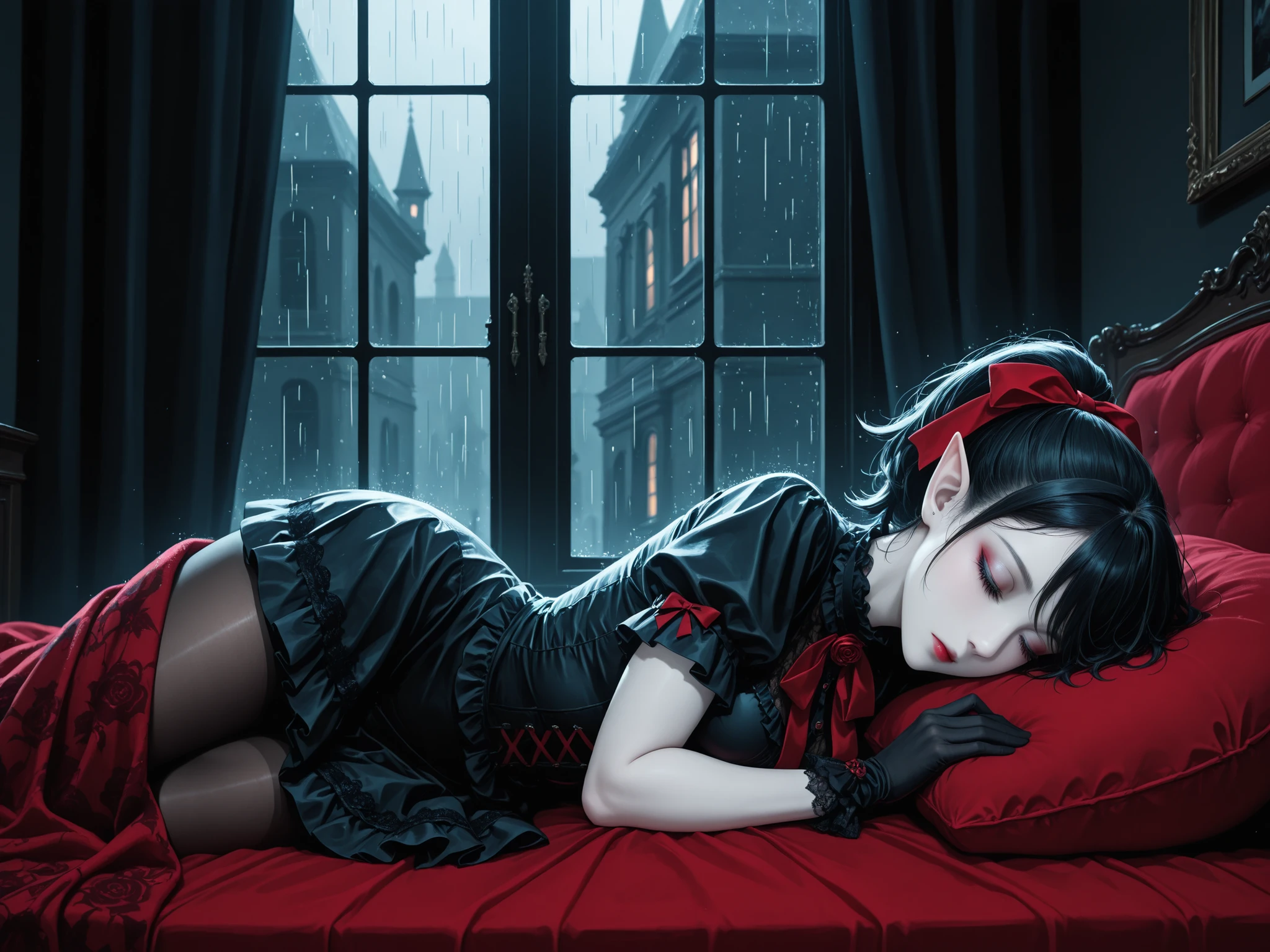 masterpiece, best quality, very aesthetic, solo, female focus, from side, 1girl, closed mouth, beautiful face, vampire, closed eyes, detailed eyes, black hair, short hair, ponytail, hair ribbon, red ribbon, (lolita fashion), black dress, short dress, short sleeve, black gloves, pantyhose, pointy ears, pale skin, lying, on stomach, elbows rest, sleeping, bedroom, window, rain outside the window, velvet pillow, velvet blanket, gothic theme, amazing background, high-res, absurdres