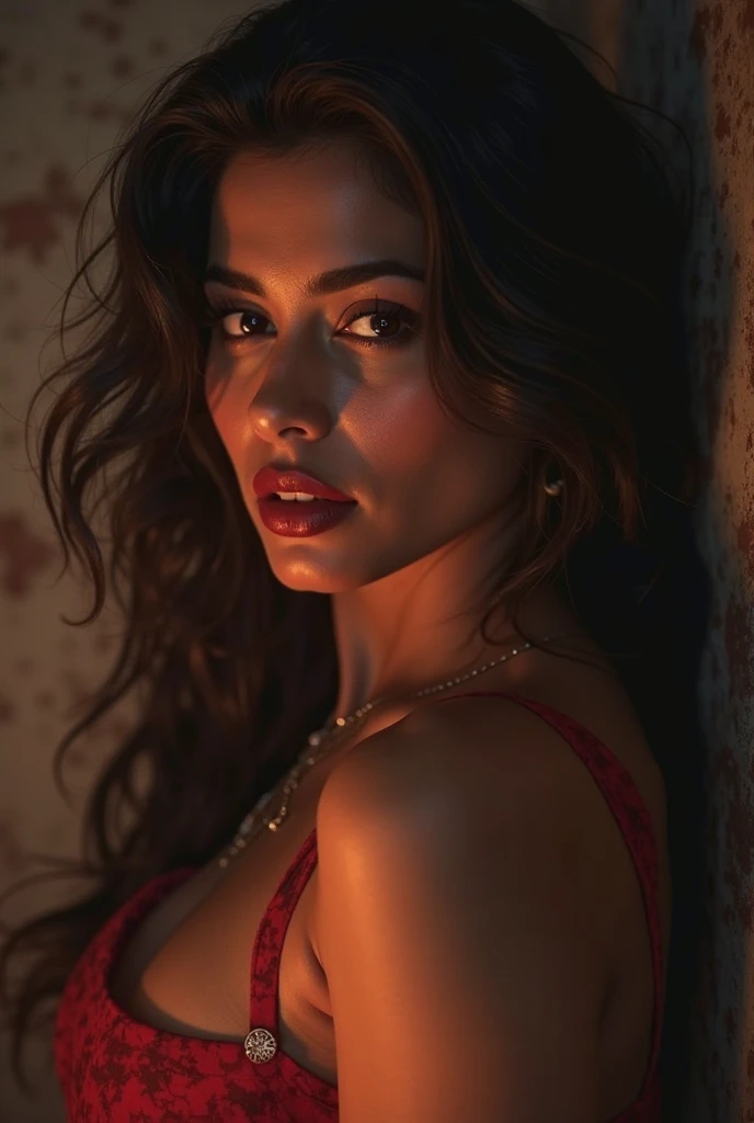 latina woman, beautiful detailed eyes, beautiful detailed lips, extremely detailed face and skin, sultry expression, sensual pose, tight fitting dress revealing figure, large breasts, ambient lighting, warm color tones, cinematic, photorealistic, masterpiece, 8k, ultra-detailed