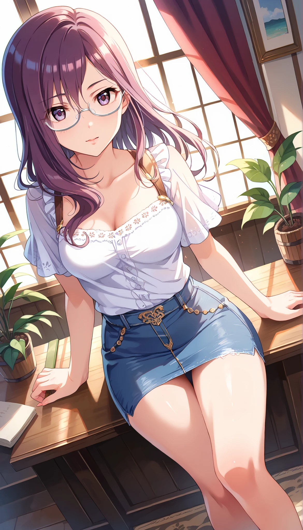 (((Yagami Makino))),light purple short sleeve blouse,denim below-the-knee skirt,Bare Chest,(((medium breasts))),(slightly long hair),((angle from above)),purple hair,Ulchan-6500-v1.1, ( RAW photos :1.2), beautiful detailed, very detailedな目,beautiful eyes, beautiful eyes,file size is large, high resolution, very detailed, of the best quality, [masterpiece:1.6], Awareness-raising, very detailed, CG, finely, of the best quality, 8K wallpaper, perfect body shape,very detailed,glasses