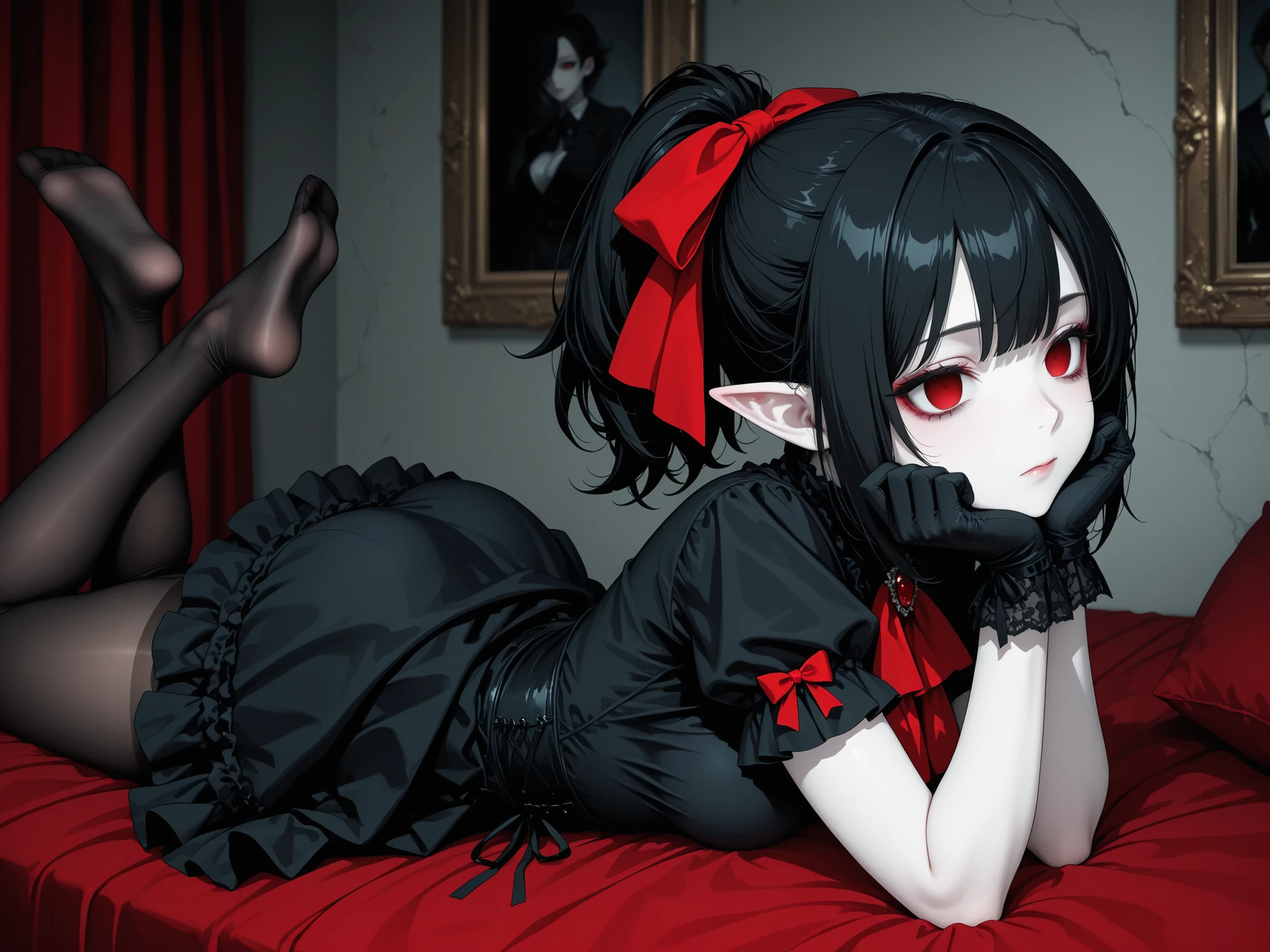 masterpiece, best quality, very aesthetic, solo, female focus, from side, 1girl, closed mouth, beautiful face, vampire, red eyes, empty eyes, detailed eyes, black hair, short hair, ponytail, hair ribbon, red ribbon, (lolita fashion), black dress, short dress, short sleeve, black gloves, pantyhose, pointy ears, pale skin, on stomach, head rest, legs up, bedroom, amazing background, high-res, absurdres