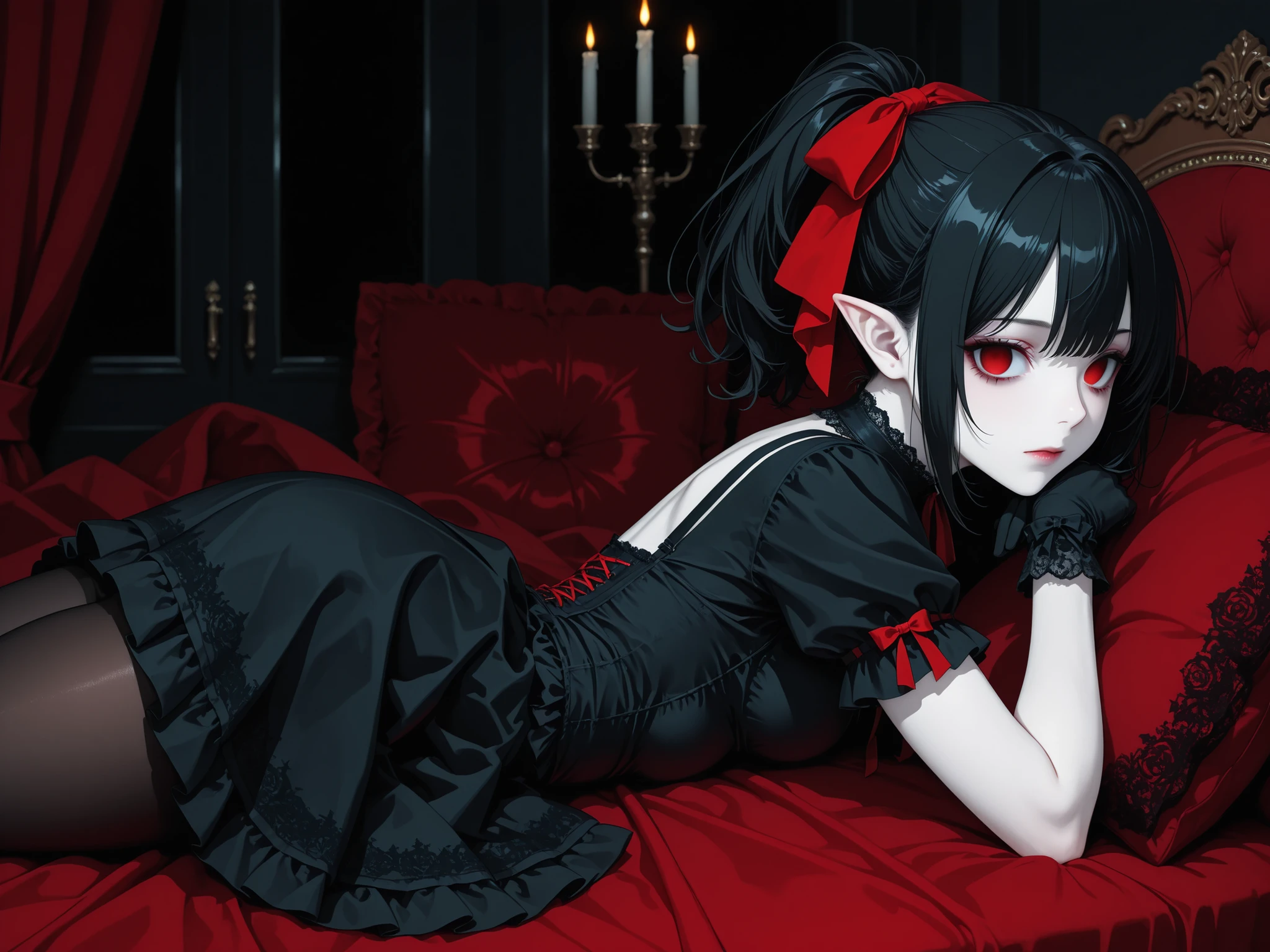 masterpiece, best quality, very aesthetic, solo, female focus, from side, 1girl, closed mouth, beautiful face, vampire, red eyes, empty eyes, detailed eyes, black hair, short hair, ponytail, hair ribbon, red ribbon, (ta fashion), black dress, short dress, short sleeve, black gloves, pantyhose, pointy ears, pale skin, on stomach, arms rest, bedroom, velvet pillow, velvet blanket, gothic theme, amazing background, high-res, absurdres