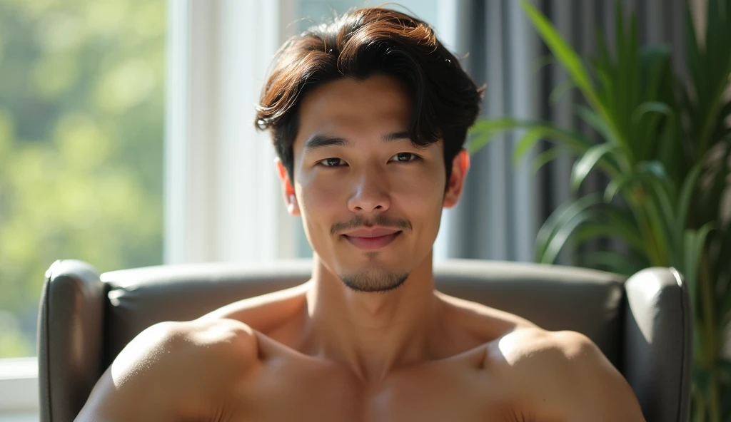 40-year-old man、School Teachers、Smiling smile、One Man、Wild、japanese male、skin tanned、well-muscled、sweaty muscles、naked handsome man，lyin in bed, he seemed satisfied、have a big penis、realisticなぺニス、Have an erection、Erect penis、realistic、A detailed face、detailed photo、Top image quality、8K、Perched、sitting on、showing off his penis