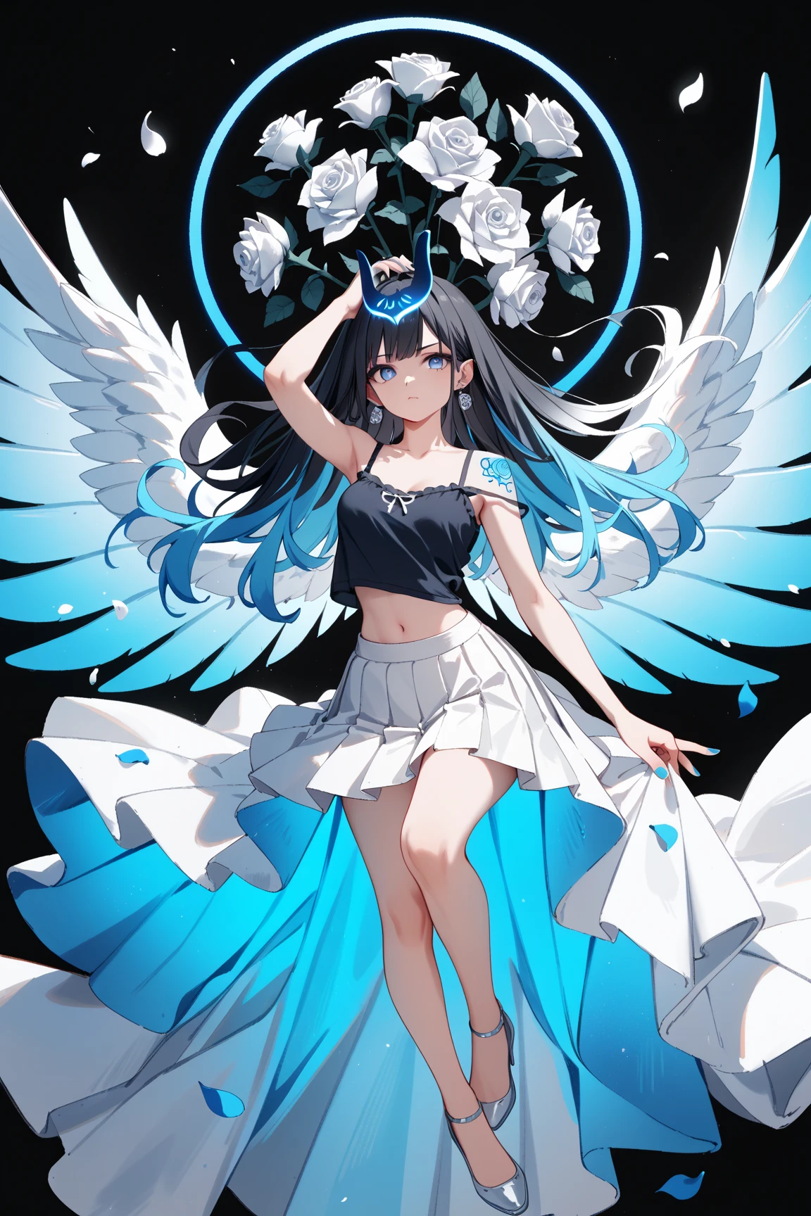 Mecha Wings、Black Skirt、sword、Accentuated thighs、White tights、chest、Black Hair、1 girl、solo girl、Thick thighs、is、Frame Arms Girl、Alice Gere Aegis、income、headphone、hand on own chest、smile、idol costume、back track rich