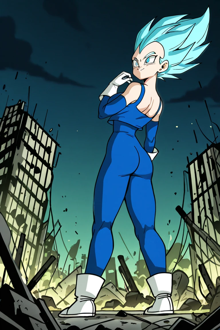 Female, vegeta, fair skin, light blue hair , Pointy Hair, sky blue eyes, Pupils, serious look, Sky Blue Eyebrows Big Breasts, Medium Legs, medium thighs, Chest Gloves, Blue Slim Fit Shirt, sin mangas, Blue Tight Long Pants, white gloves, White Shoes, cosplay, (vegeta), super saiayin, destroyed city , night, Right Hand Up, smile, Risa, open-mouthed, Aura Color Light Blue, lighting, back,