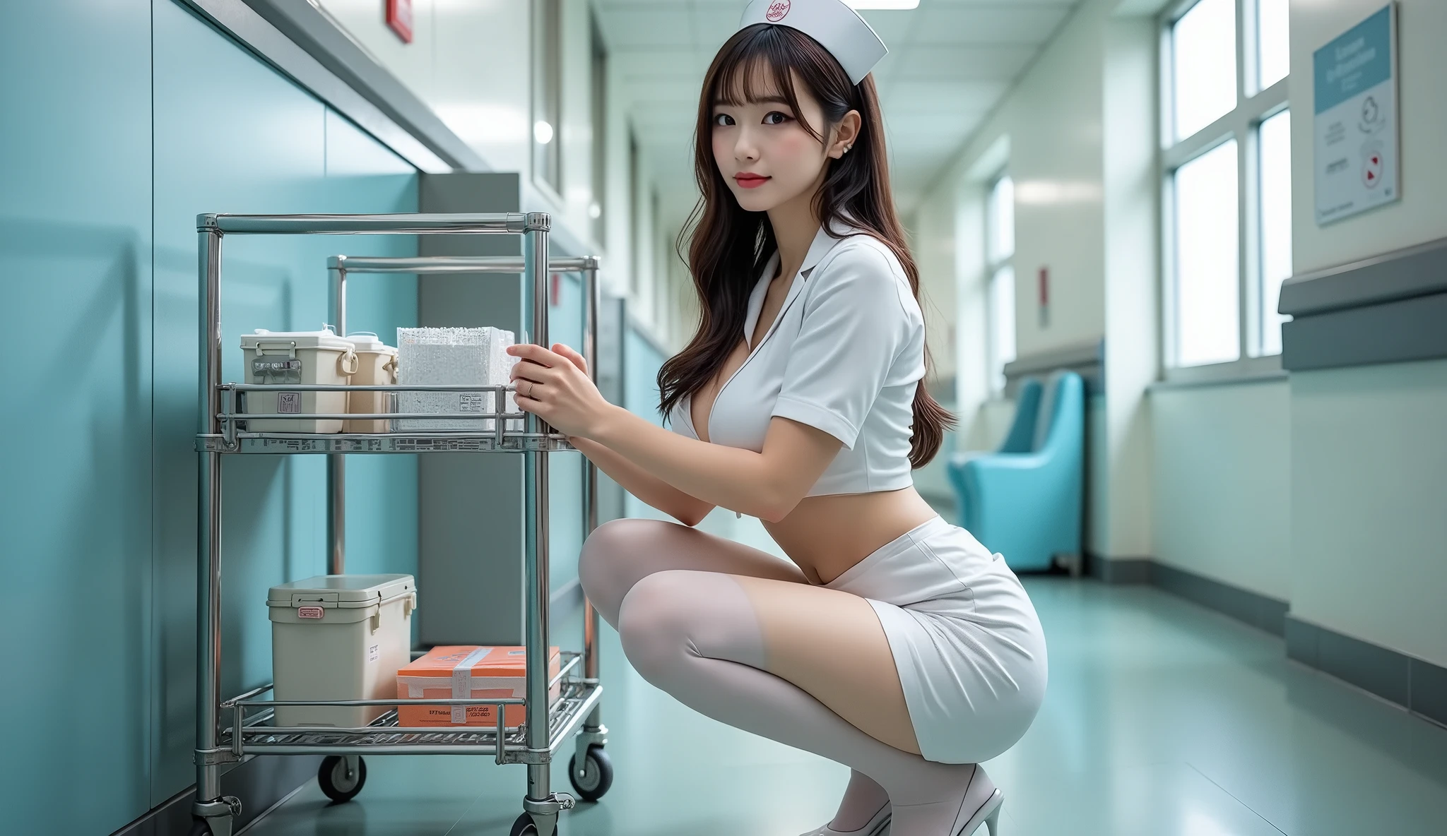 high quality， 4k images,A 20-year-old Japanese nurse。cleavage is clearly visible,Breasts are very prominent,Ebony Long Hair Plate，Pure white sexy nurse costume，Skirt cut perfectly to fit the body，with white suspender stockings and heels。
Squat to the side，Organize the equipment on the medical cart with your hands，Show professional spirit。