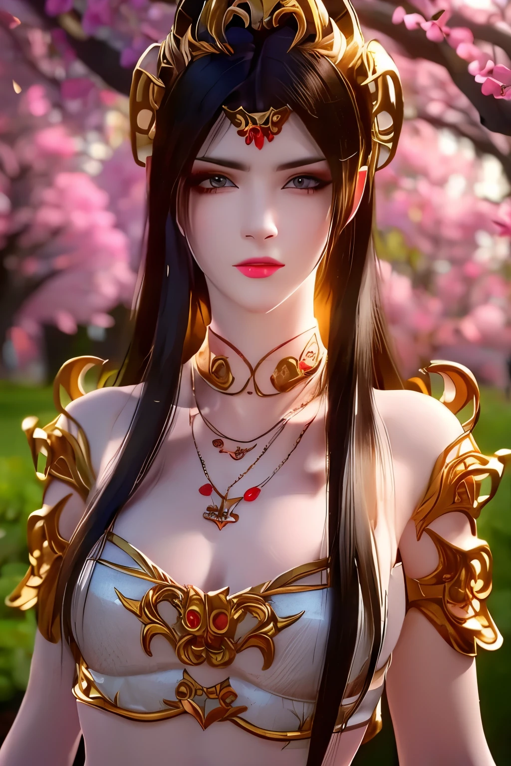 One 20 year old girl, breast 1.1, navel,upper body,bare shoulders,wears red tube top,red skirt, blue gems,shiny skin,hand in own hair,(mature female),milf, beautiful cai lin, deep blue eyes, jet black long hair, face symmetry 8k resolution high quality. background: around the garden surrounded by Sakura trees with fluttering sakura petals,
Image from head to thighs, hourglass figure, bare round shoulders, exposed midriff, a tilak on her forehead,ornamental logo on her forehead, snake crown, necklace, earings with blue gem, long black hair bangs, pointy ears,golden bracelet,Bright lightening under the sun through sakura canopy. High quality 16k resolution,( HDR :1.5), cinematic look, ultra-detailed,ultra lightening, (photorealistic :1.2), long thin straight eyelashes, dense black eyelashes,sharp eyes, diamond shaped head, straight nose, closed heart shaped lips, front view pose looking at viewer, sexy,