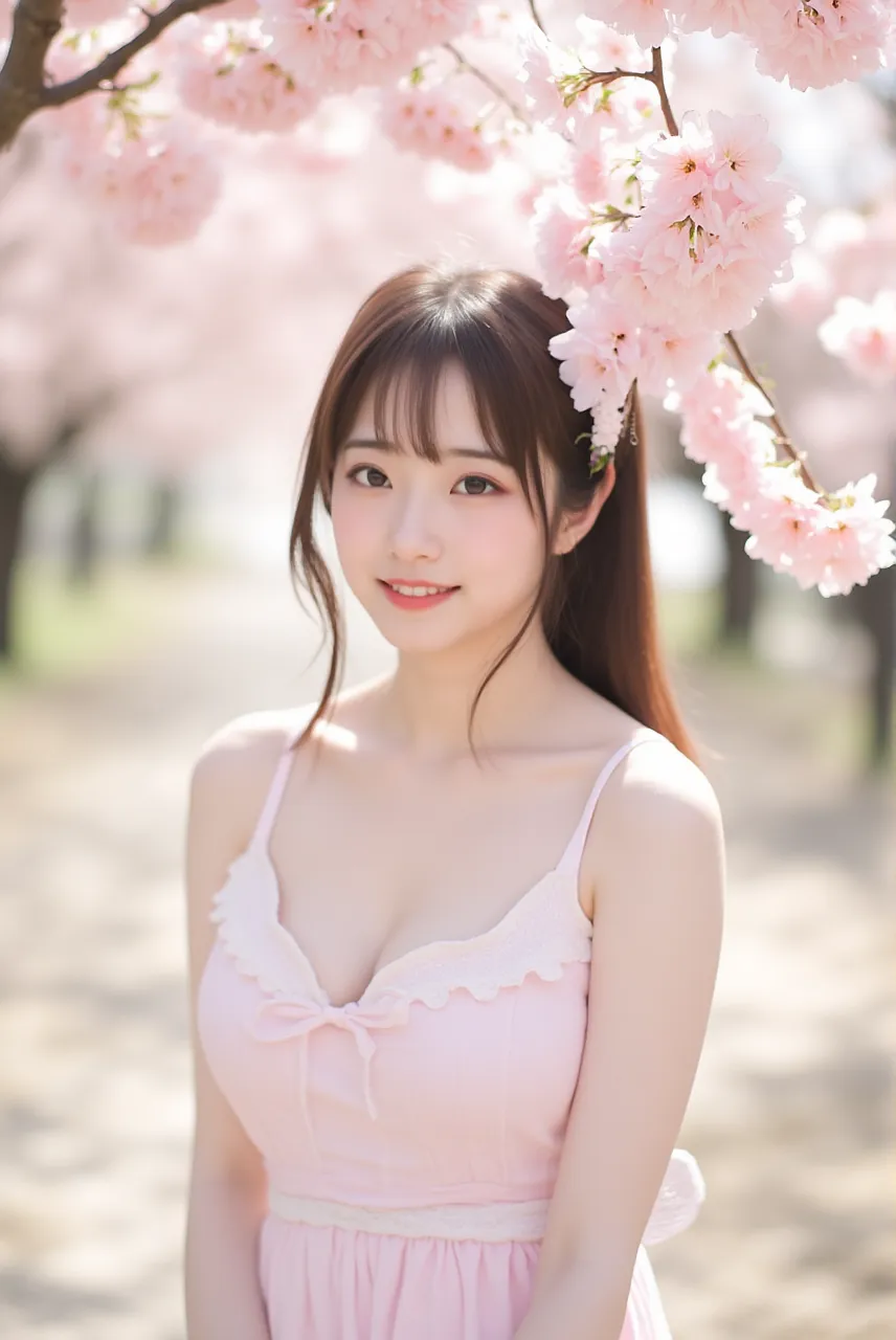 Cute face like an 18-year-old idol smile gently Bikini figure full body figure Slightly larger bust night warm color Cherry blossom viewing under the illuminated cherry blossoms sitting on a picnic sheet Raw photo genuine