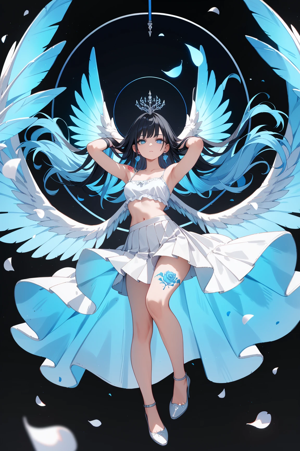 (1 seraphim girl standing on peak of frozen snowy mountain) higher than overcast, blowing frozen wind, (solo), swinging back, multiple wings, (she has 12 wings on her back), (6 white wings:1.5) and (6 black wings:1.5), BREAK, (wearing nothing without a lace trimmed sheer short black dress:1.8), (black plunging neckline:1.2), shoulder straps, stiletto heels, BREAK, (black short hair:1.3), sidelocks, black eyes, collarbone, (bouncing large perky breasts:1.5), (cleavage:1.2), inconceivably narrow waist, (bared skinny arms), (bared skinny long legs), thigh gap, tiptoe, BREAK, baby face, nose blush, smile for viewer, open mouth, orgasm, BREAK, full body, (extremely detailed CG unity 8k wallpaper), (beautiful detailed), (ultra high resolution), (masterpiece:1.2), (best quality), (beautiful illustration)