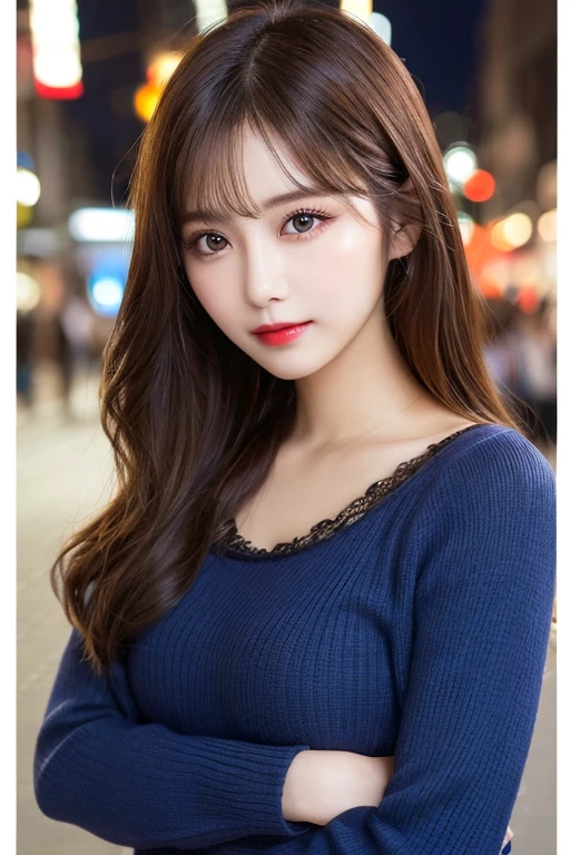 Urban beautiful girl college student, masterpiece, light makeup, red lips, silver hair, messy long hair, street background, beautiful, elegant. super fine details, master works, authentic texture, cinematic lighting realism, perfect job, 16K, hd, exquisite features,blue eyes、japanese idol、Beautiful Face、cute smile、brown hair、beautiful hair、ponytail、glamorous、 big breasts、erect nipples、Oily muscle、shiny skin、tanned skin、Black glowing skin、Sexy knitted sweaters, bright big eyes, smooth skin, earrings, necklace, tattoo