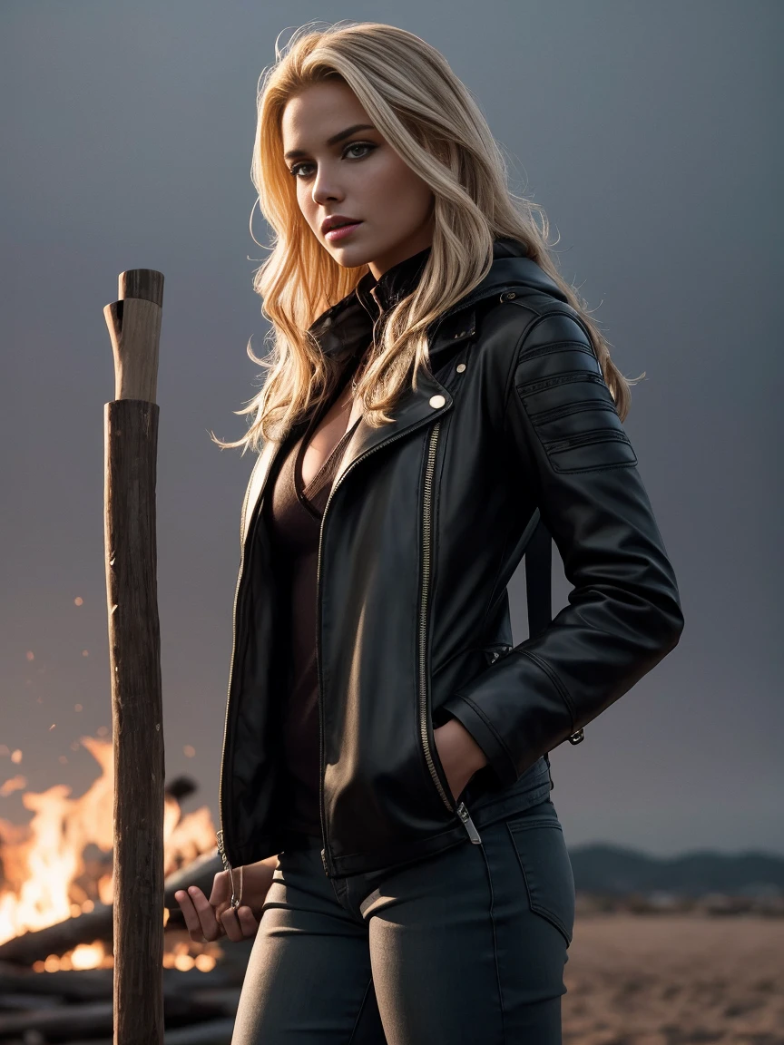 A 30 year old woman, blonde ,seductive and rebellious, with deep brown eyes, intense and charming. Elle s’amuse de son public, son expression est pleine d’assurance et de mystère. Son style est inspiré de Robin des Bois, avec une touche sexy – vêtements en cuir ou dans des tons forestiers, slightly disheveled but elegant. She is standing in a dark and misty forest, with deep brown eyes and a dark look {x} with towering trees and a mysterious ambiance. The lighting is cinematic, with dramatic shadows. She exudes a powerful and intriguing aura, comme une héroïne insaisissable en mission secrète.