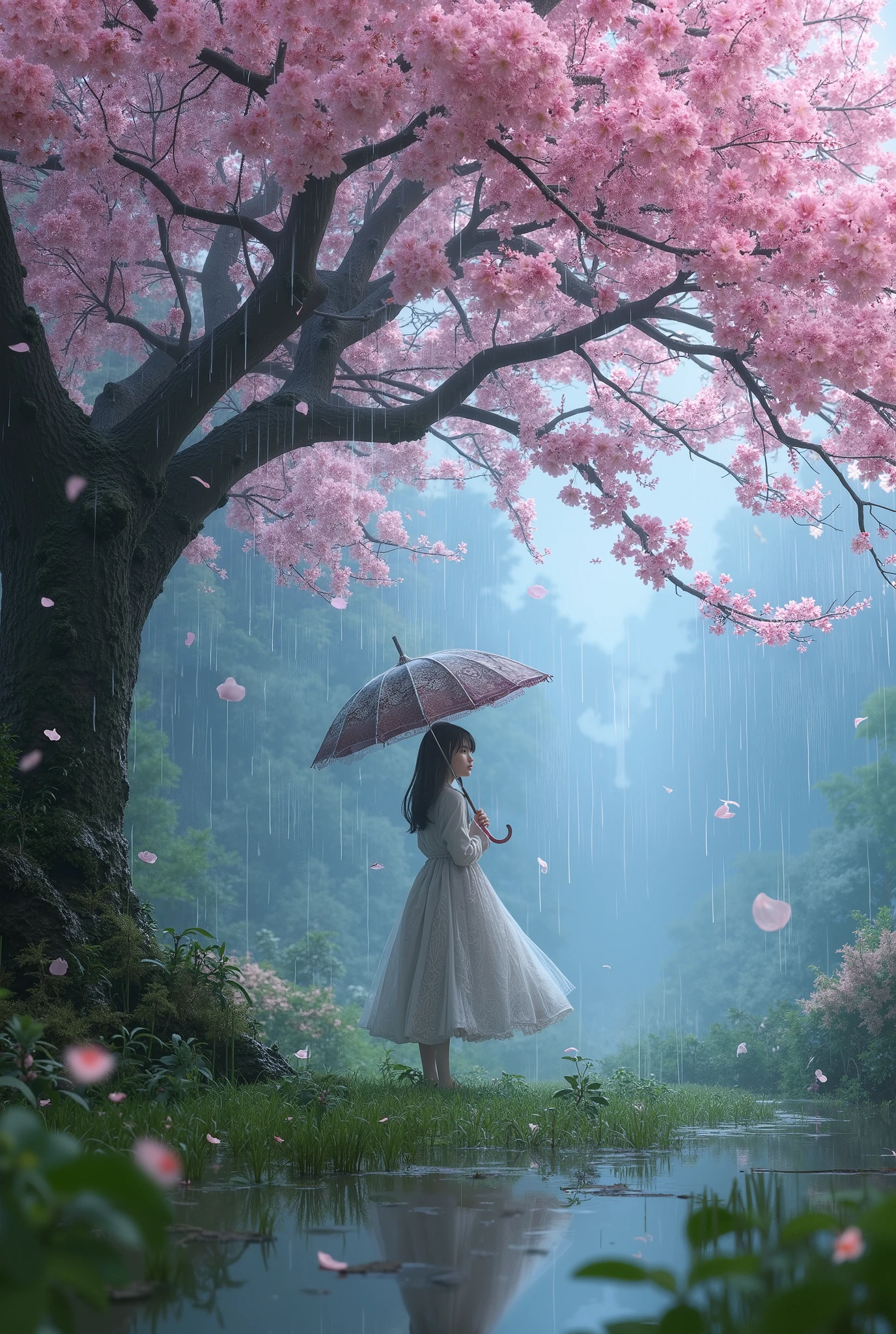  ((top quality)), (Details:1.2), 3d, An absurd resolution, high definition, (Masterpiece:1.2), ultra detail, Cherry Blossom Tree Drenched in the Rain, A girl stands alone with an umbrella under the cherry tree