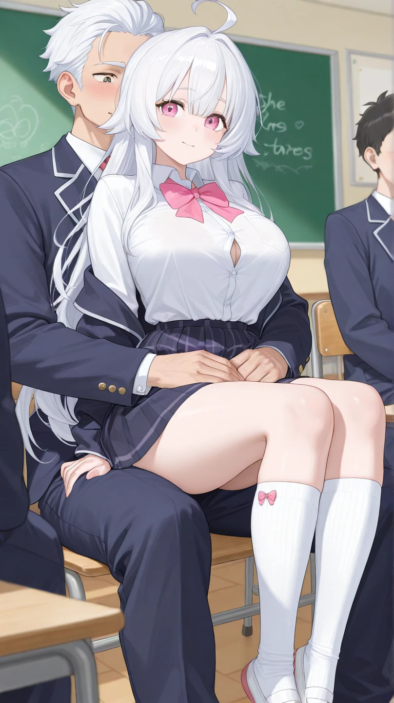 A boy with white hair and blue eyes and a girl with long brown hair golden eyes and huge breasts and ass, school uniform, cleavage