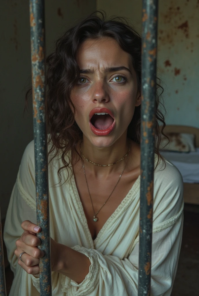 (NSFW:1.5), ((masterpiece)), ((highest quality)), A photorealistic image of a 45-year-old Turkish woman with short hair, straight, by rubio, standing in an old, low light study. She has a fair complexion with an oval face., defined cheekbones, and a look of fear in its almond shape, dark eyes. Woman leans over a worn wooden table, her hands gripped the edge tightly, while looking nervously directly into the camera. Behind her, a shadowy figure of a man looms, his features obscured by darkness. The man holds a stick in his hand, adding to the tense and ominous atmosphere. The room is filled with old equipment and faded fixtures., enhancing the feeling of unease and suspense. Naked woman and full body. 