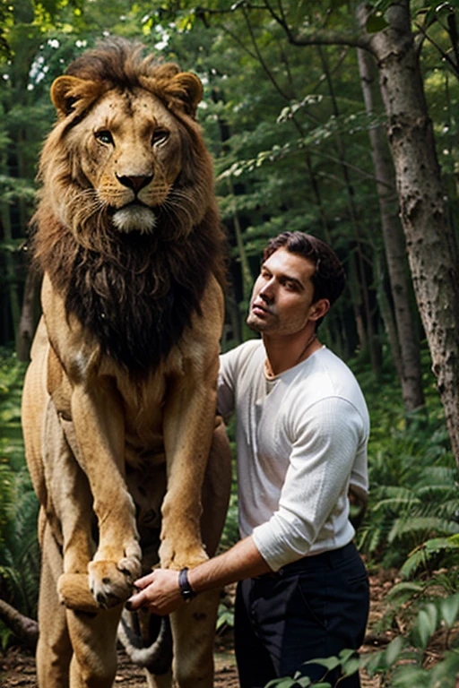 A handsome, burly, burly young Englishman without clothes, wearing only trousers, jeans, stands with a big lion while looking at the camera with a backdrop of mountains.