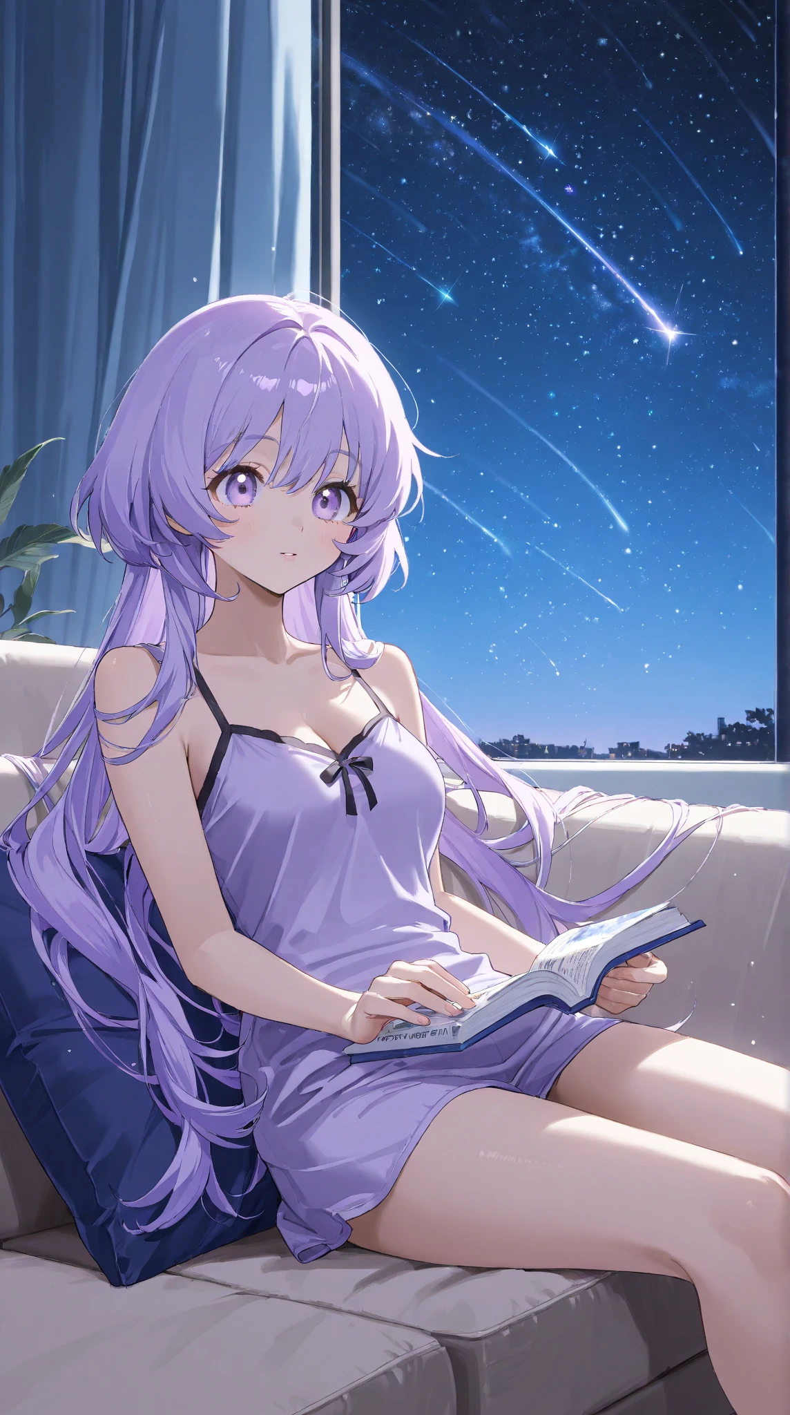 ((8k, Highest quality, masterpiece: 1.3)),Ultra-high resolution,(1 girl, alone), (Color changing eyes, Ultra-detailed, Expressive brilliance, Glitter, Glowing Eyes), Highly detailed eyes, Highly detailed face, Random Hair, ((pastel colour)), A playful young woman with pastel purple hair styled into messy curls, sitting on her bed in her vibrant bedroom during a sunny morning. She is wearing a bright yellow bikini, and the strap of her bikini top has slipped off one shoulder. She’s smiling mischievously as she casually pulls it back into place with one hand, her other hand holding a book she’s been reading. The camera captures her from a low, side angle, focusing on the playful expression on her face and the cheerful, bright atmosphere of the room.