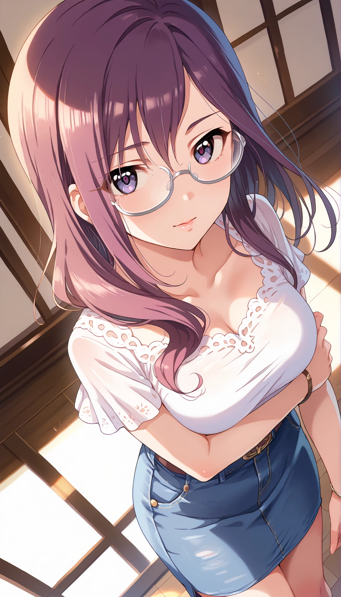 (((Yagami Makino))),light purple short sleeve blouse,denim below-the-knee skirt,Bare Chest,(((medium breasts))),(slightly long hair),((angle from above)),purple hair,Ulchan-6500-v1.1, ( RAW photos :1.2), beautiful detailed, very detailedな目,beautiful eyes, beautiful eyes,file size is large, high resolution, very detailed, of the best quality, [masterpiece:1.6], Awareness-raising, very detailed, CG, finely, of the best quality, 8K wallpaper, perfect body shape,very detailed,glasses