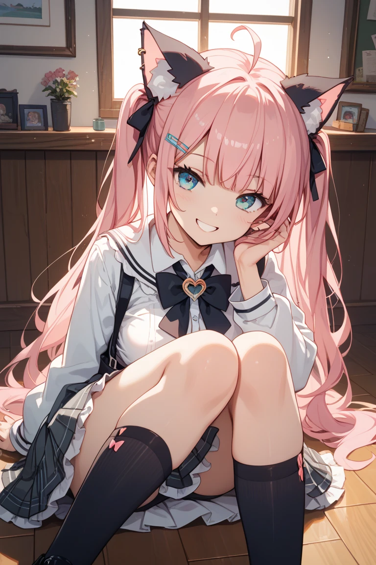 masutepiece, Highest Quality, (Perfect face:1.1), (high detailing:1.1), (ultradetailed eyes), Dramatic, superfine illustration, Extremely detailed,1girl in, teenager,(pale skin), Happy, Laugh, Enjoy,Open mouth,gloweyes,pinkhair, (long twintail),Ethereal eyes, pink eye,blush, Solo,Pouty lips,Cinematic lighting,upper body,looking up,learning forward,Lolita clothes, Pink and white,frilld, bow ribbon, Long sleeve,knee high socks,morning,sunny