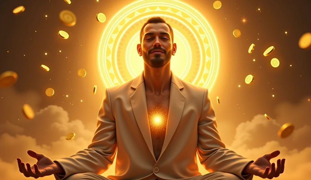 handsome man meditation, Golden shower, The sound of coins falling, Stacked gold bars, Banknotes and coins