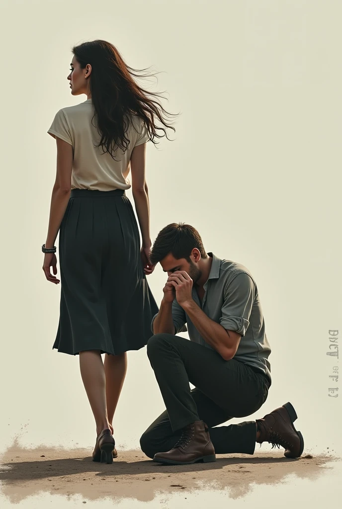 Create an image in which a women s standing with a side braid on her one shoulder wearing a long top till her knees and jeans and hand wrapped around her while the men is sitting down infront of her and listening to her and the men is wearing a cap a shirt and jeans