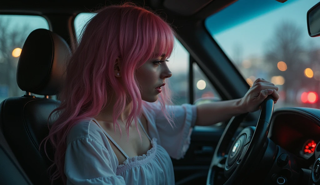 (((ultra realistic))) Photo, masterpiece, top quality, (pale skin), (ultra detailed face and eyes:1.3), 1 girl, 1 guy, adult, we are driving in the car, ((Eye makeup, pink mascara)), ((large detailed lips)), ((pink wavy hair)), ((Bangs)) , (natural breasts), thin waist. ((posing)), photoshoot, Studio (contour lighting), (The play of light and shadows), depth of field, hips, (special attention to leather details: 1.2), detailed skin texture, skin pores. (Light atmosphere of the frame. The color scheme is delicate., Bright, yellow tones), DR, ((granularity)), ((rays)), (glare), ((Photo from the back)) , Ultra detailed, clothing style 80's